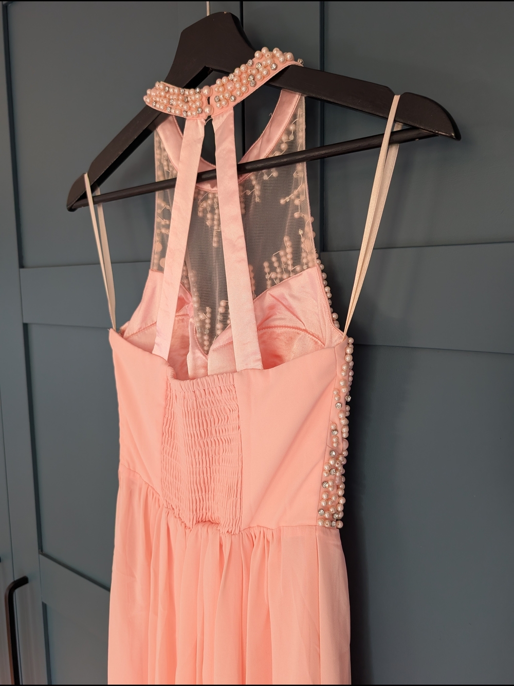 NWT Le Château Blush Pink Pearl Beaded Halter Formal Gown | XXS - Picture 5 of 11